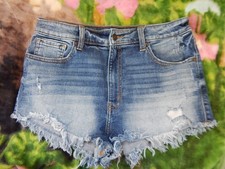 Eunina LuLu High Rise Cut Off Distressed Blue Denim Shortie Shorts Size L
