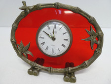 VINTAGE LANDEX BAMBOO ORNATE METAL RED ART GLASS ALARM CLOCK MID CENTURY JAPAN