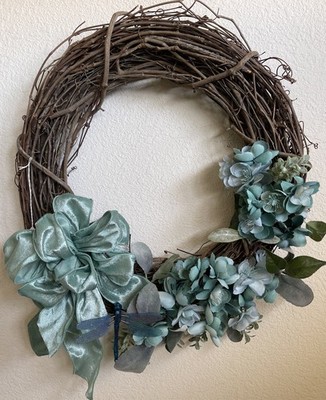 Handmade By Seller Grapevine 18  Wreath w Turquoise Ribbon, Florals + Dragon Fly