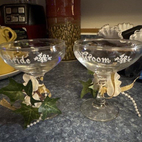Bride & Groom Wedding Coupe Glass Set, Clear Glass White Print, 2pc 10-16 oz