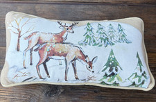 Throw Pillow w/ Wooded Winter Scene  Buck and Doe Deer 6x12