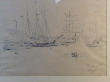 Otto Heinrich Engel 1866-1949 Bleistiftskizze Hafen Flensburg 1925 signiert B2