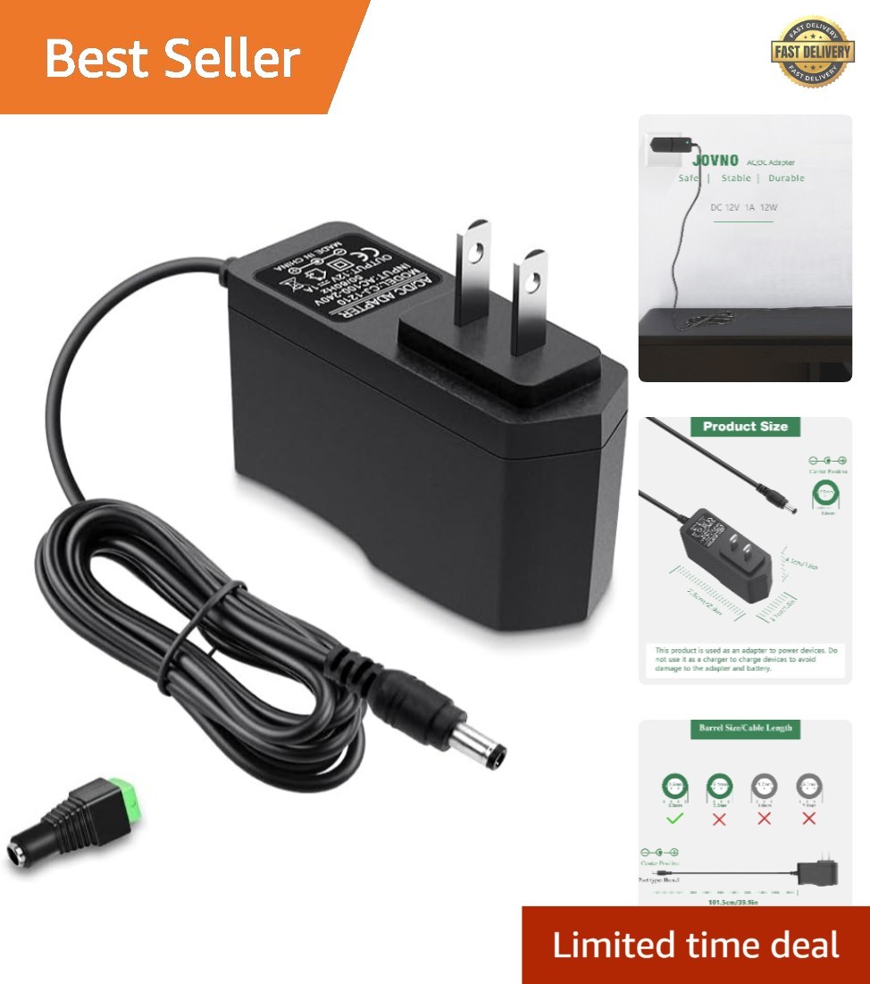 12V 1A Power Supply, AC Adapter 100-240V AC to DC 12V 1A Adapter Power Cord 7...