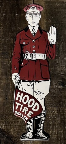 HOOD Tires / Hood Tire Dealer Attendant Embossed Metal Sign, 23.5” x 8”