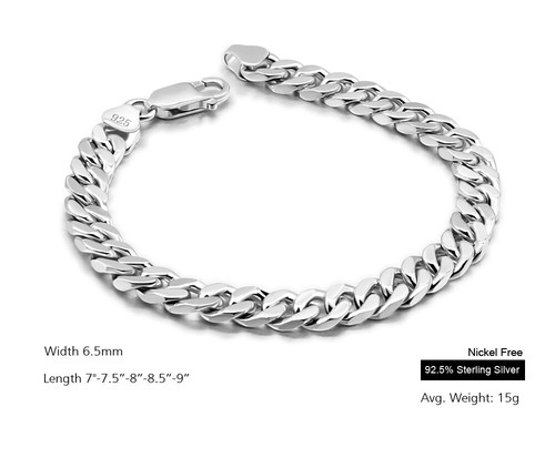 925 Sterling Silver 6.5mm Cuban Link Chain Bracelet Sturdy for Men Boys Women - Picture 2 of 6
