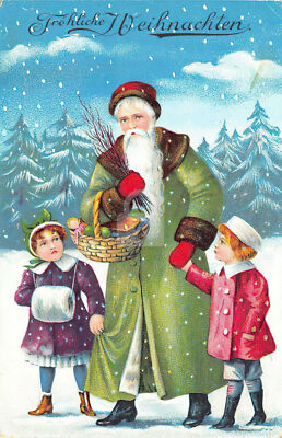 Green Suited Santa Two Children Christmas Tree Basket Postcard Copy