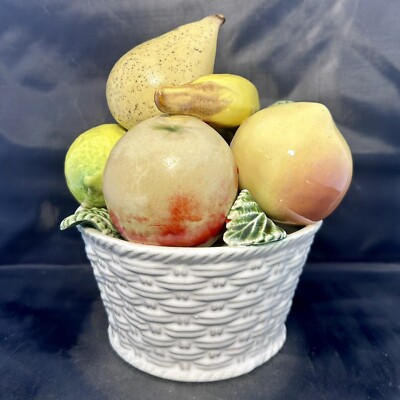 Vintage Obstschale Stapel im Korbgeflecht weiß Topf glasierte Keramik handbemalt