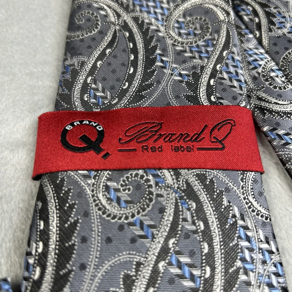 MARCA Q ETIQUETA ROJA Juego de Corbata para Hombres con Bolsillo Cuadrado Paisley Gris y Azul Nuevo con Etiquetas Foto 3 de 4