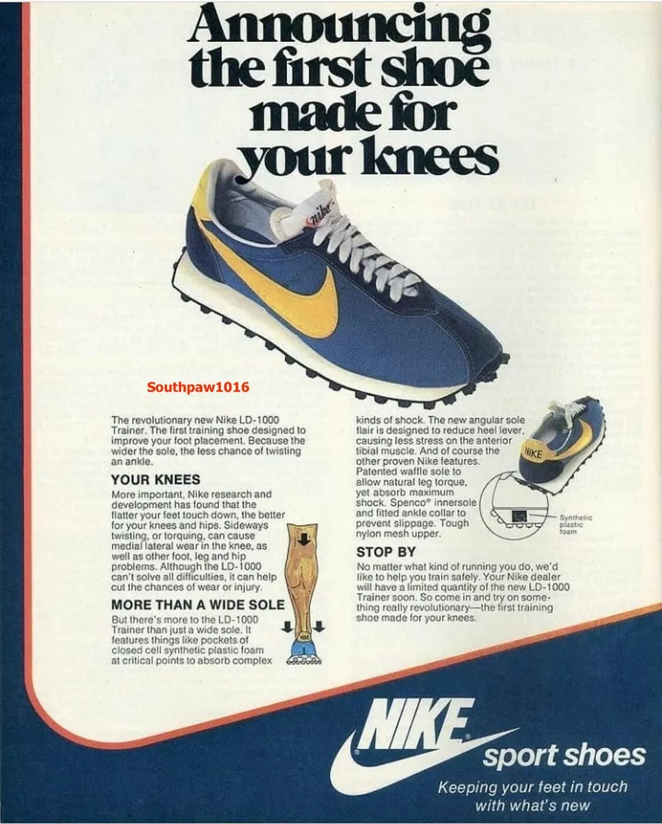 Bloemlezing Weggooien Pedagogie Classic Nike "LD-100" "First Shoe For Your Knees" Running Shoe Reprint  Advert. | eBay