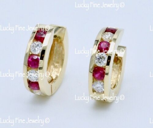 Boucles d'oreilles 0,90 ct or jaune 14 carats diamant naturel et rubis cerceau Huggie 4,50 grammes - Photo 1 sur 6