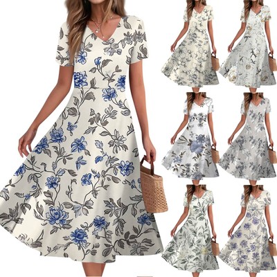 Women's Summer Casual Fashion Kleider Urlaub Reise Floral Print Saum Kleider