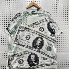 Vintage 90s USA Money CASH AOP Shirt Mens 2XL White All Over Print Hip Hop 24x29