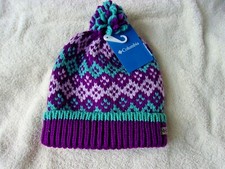 NWT Columbia Youth Pom Pom Beanie, purple, teal  white, O/S