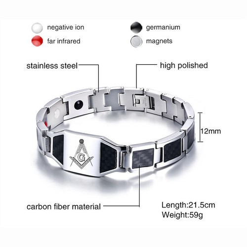 Silver Men Health Magnet Therapy Bracelet Energy Free Mason Masonic Carbon Fiber - Picture 3 of 8