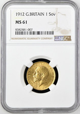 1912 Great Britain Gold 1 Sovereign 0.2354 oz Mint State Coin NGC MS 61 3149.41 per troy oz