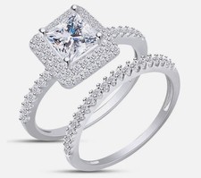 3 Ct Created Diamond Engagement Wedding Ring Set Real 14K White Gold PrincessCut