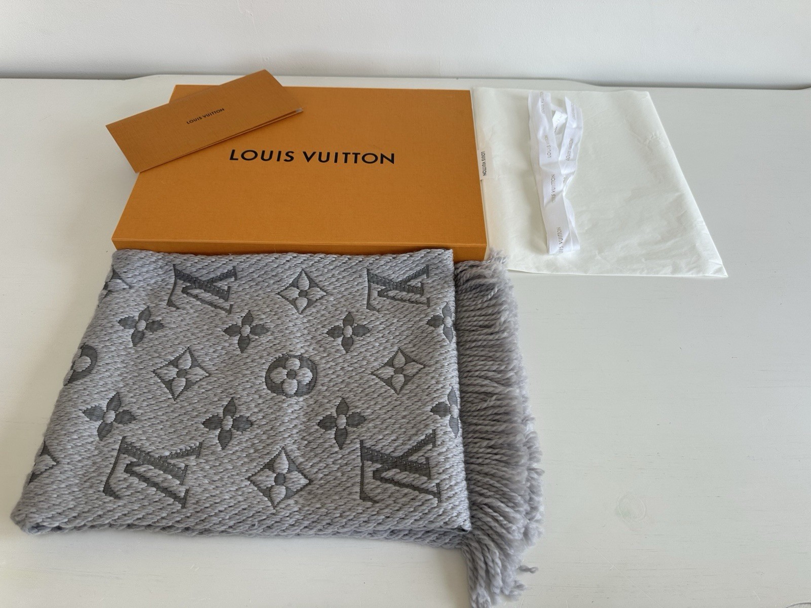 Louis Vuitton Logomania Scarf Gris Perle Grey M74742 - Authentic With Box