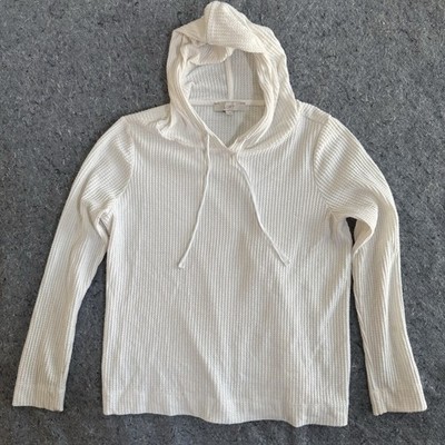 LOFT Womens L Cream Off White Waffle Knit Hoodie Pullover Top Drawstring Casual 