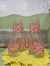 Vintage Set of 6 Red Floral Drinking Glasses Mid Century Flower Power Juice Glas