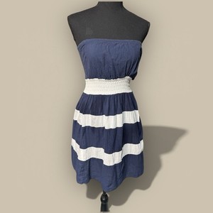Vtg y2k Ralph Lauren Strapless Blue White Smock Back Striped Mini SunDress Small