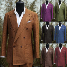 Fashion Men's Linen Suits Peak Lapel Double Breasted Blazer Slim Fit Tailored