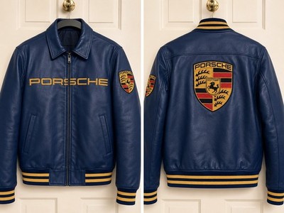 Ferrari vintage style Leather Wool Letterman Bomber Varsity Jacket Navy Blue