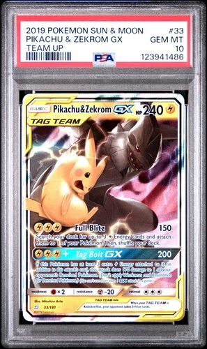 PSA 10 Pikachu & Zekrom GX 33/81 Sun & Moon Team Up Tag Team Pokémon English Gem