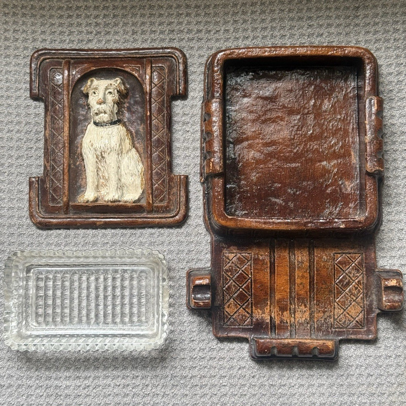 Vintage SyrocoWood Terrier Dog Dresser Box Trinket Box Ashtray Glass Insert