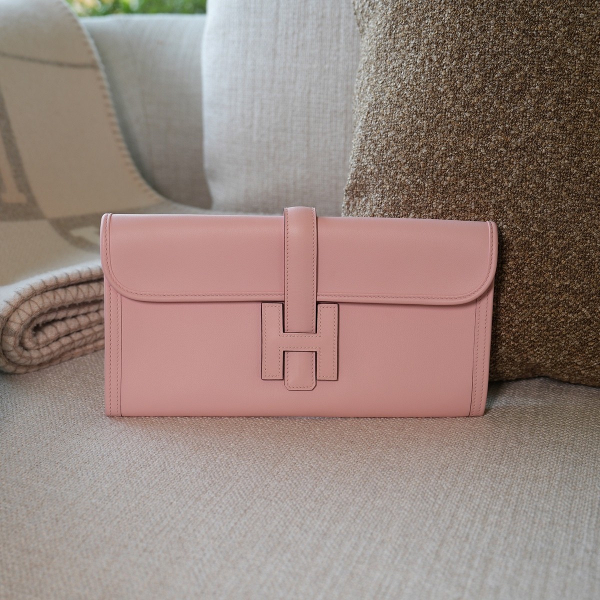 AUTHENTIC HERMES JIGE CLUTCH BAG SWIFT ROSE SAKURA PINK BIRKIN