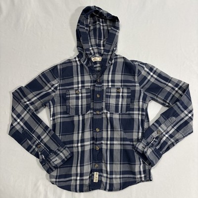 Hollister Button Up Hooded Shirt Blue Plaid Striped Womens Roll Sleeves   Sz XS