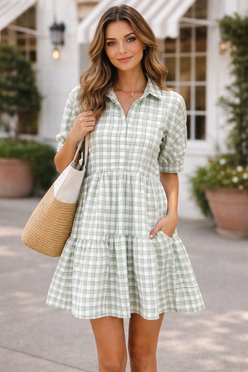 English Factory Sage Green Checkered Plaid Babydoll Dress Tiered Size Medium | eBay English Factory Sage Green Checkered Plaid Babydoll Dress Tiered Size Medium | eBay