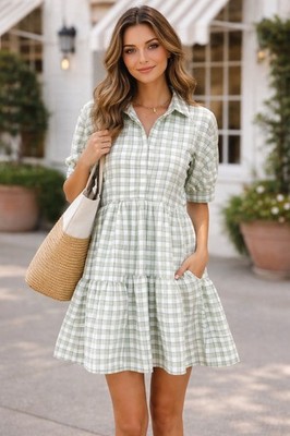 English Factory Sage Green Checkered Plaid Babydoll Dress Tiered Size Medium | eBay English Factory Sage Green Checkered Plaid Babydoll Dress Tiered Size Medium | eBay