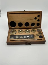 Antique Apothecary Pharmacist Balance Weight Set Wooden Box Brass Tone 3" x 5.5"
