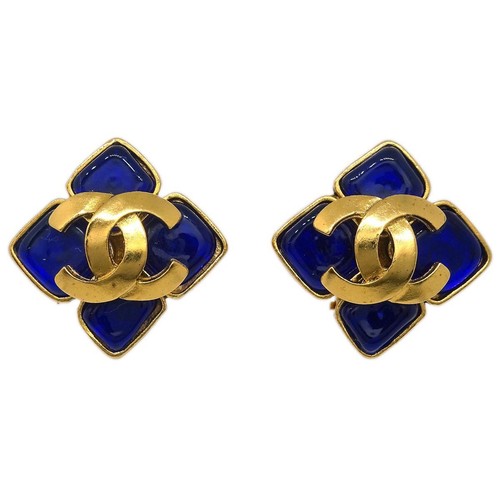 Chanel Rhombus Earrings Gripoix Clip-On Gold Blue 95P 124946