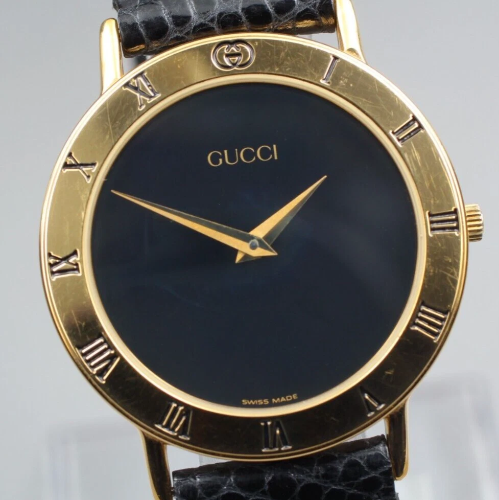[N COMME NEUF] Montre homme vintage GUCCI 3000,2,M cadran noir plaqué GP Swiss Qz 34 mm