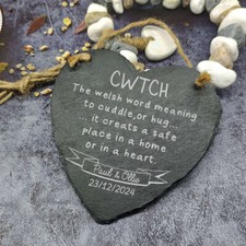 Personalised Cwtch Slate Heart Plaque - Welsh Language Gift for Friends Family