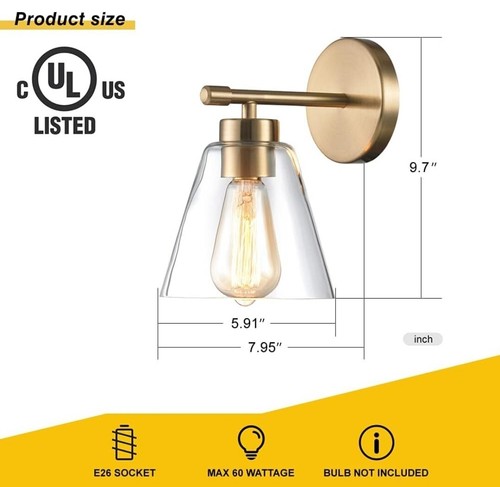 Hamilyeah Brushed Gold Wall Sconce, Bathroom Glass Modern Lighting Fixtures - Picture 3 of 5