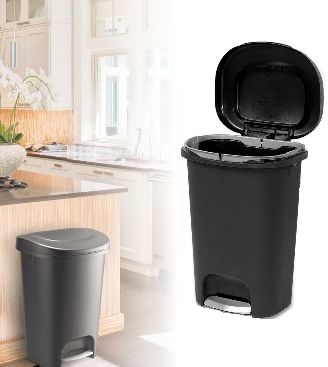 RUBBERMAID Black Foot Pedal Trash Can 13 Gallon Garbage Bin Waste Basket