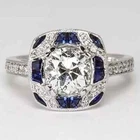 Art Deco Style Lab Created Diamond & Sapphire Engagement 14K White Gold FN Ring