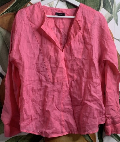 J Crew XS Hot Pink Ramie Deep V Neck Popover Bluse Langarm
