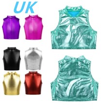 UK Kids Girls Shiny Metallic Vest Tank Tops Sleeveless Crop Top Dance Top Shirts