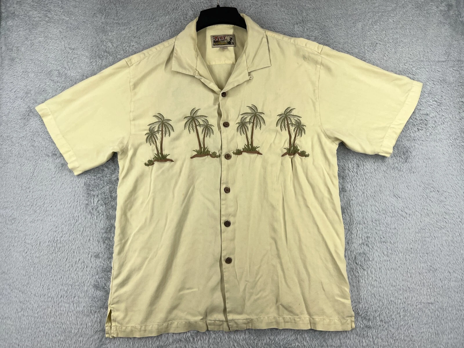 Tiki Classics Shirt Men Extra Large Yellow Palm Tree Embroidered 100% Silk
