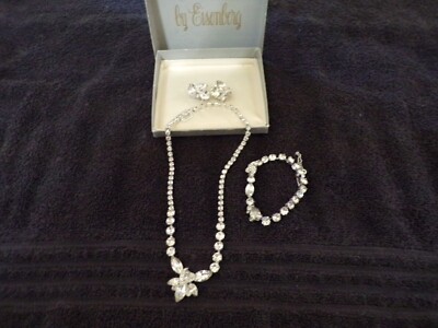 Vintage EISENBERG Clear Rhinestone Set - Necklace - Bracelet and Clip on Earring