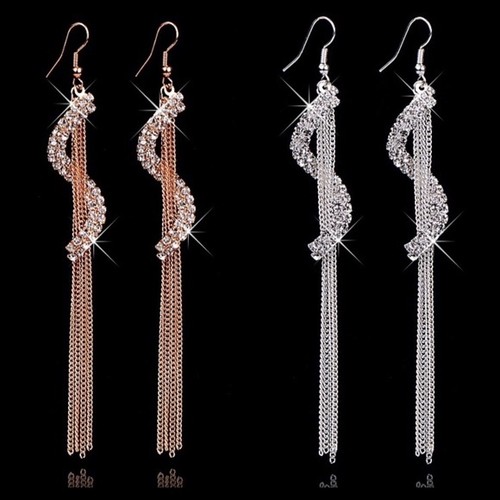 Long Gold & Silver Crystal Fringe Statement Dangle Spiral Earrings D6