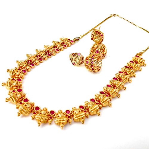 Premium Ruby Goddess Lakshmi Necklace jewelry, Gold plated Necklace Traditional - Picture 7 of 16