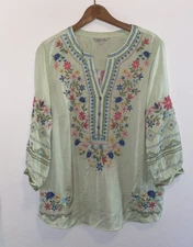 John Mark Floral Embroidered V-Neck 3/4 Puff Slv Peasant Top Green Aqua Medium