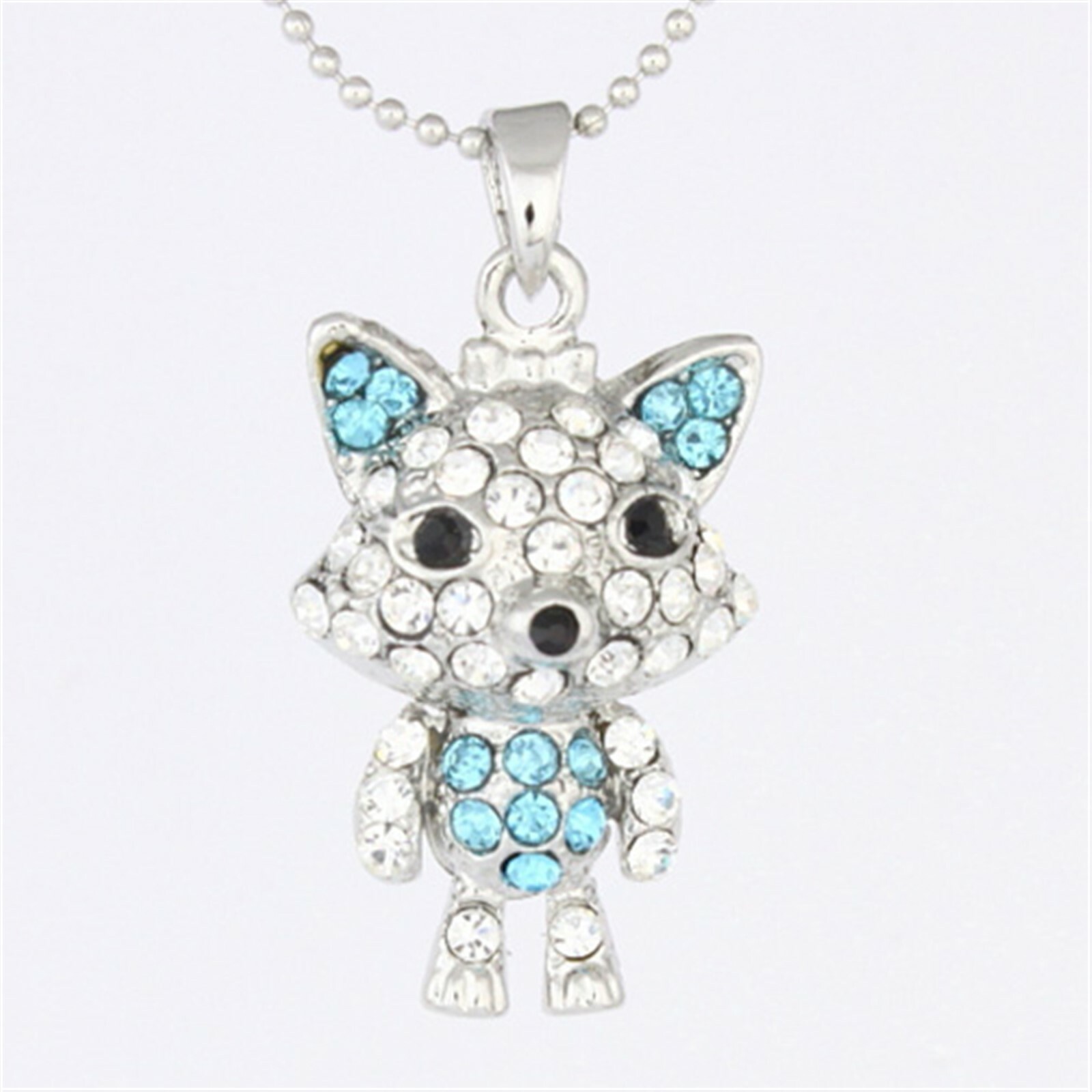 Teal Blue Rhinestone Crystal Fox Kit Pendant Necklace P897-image