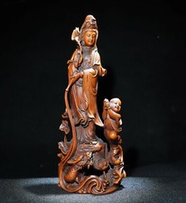 23 CM China Old Wood Buddha Statue natural Boxwood Guanyin Kwan-yin Statue