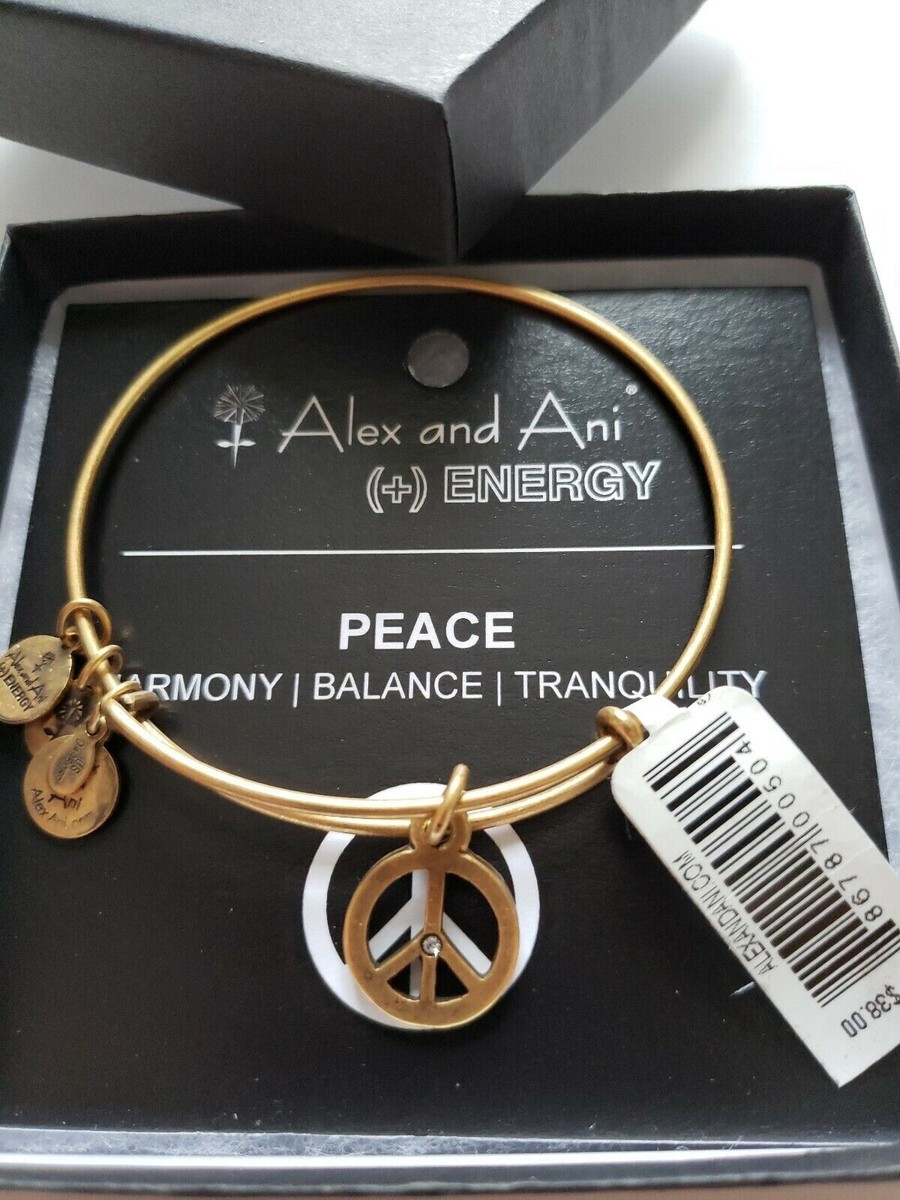 Retired Alex Ani Peace Sign Gold Tone Bracelet New with Tags