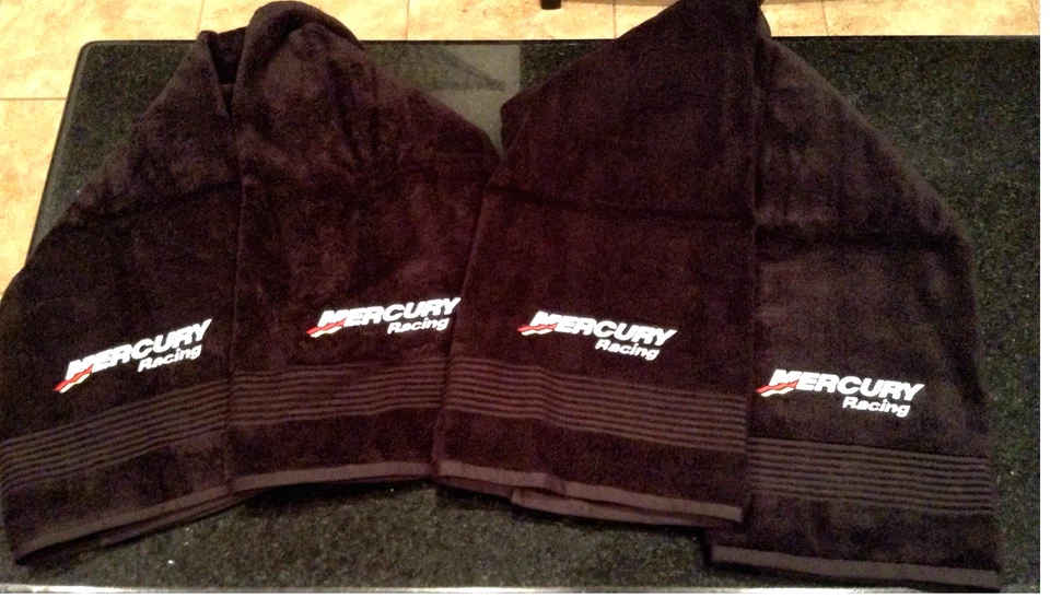 2 Mercury Racing Towels 54" * 30" BLACK with EMBROIDERY W/2 Decals